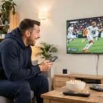 Homme regardant un événement sportif en direct sur sa télévision connectée avec son smartphone à la main