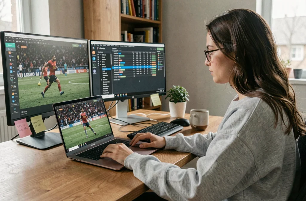 Femme suivant un match de sport en streaming sur un ordinateur portable avec double écran dans un bureau à domicile