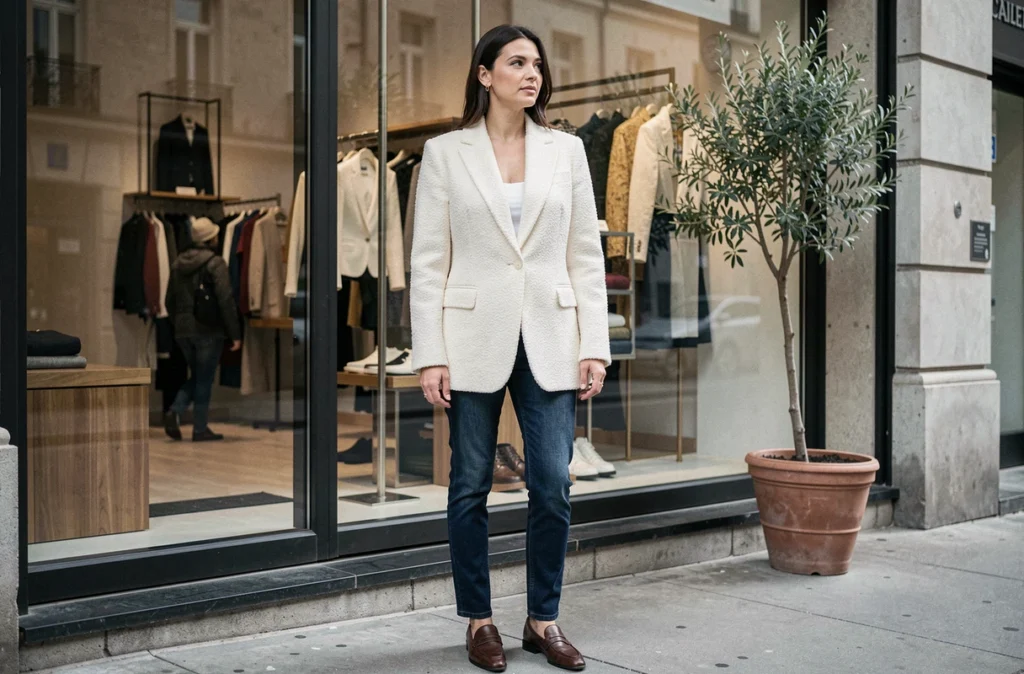 Femme chic en blazer boucle blanc cassé et jean slim devant une vitrine de boutique de mode contemporaine