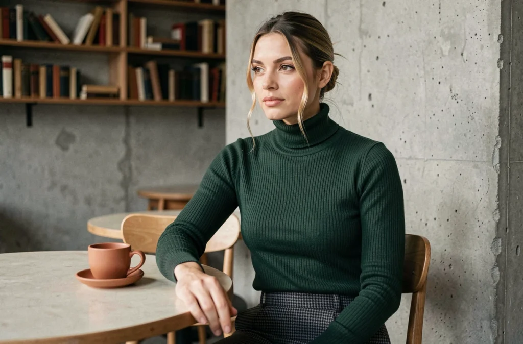 Femme tendance en pull col roulé vert et jupe midi houndstooth assise dans un café moderne et minimaliste