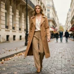 Femme élégante en trench coat camel et pantalon large marchant dans une rue parisienne en automne, style chic et moderne