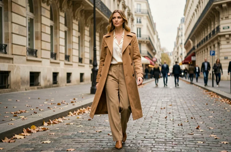 Femme élégante en trench coat camel et pantalon large marchant dans une rue parisienne en automne, style chic et moderne