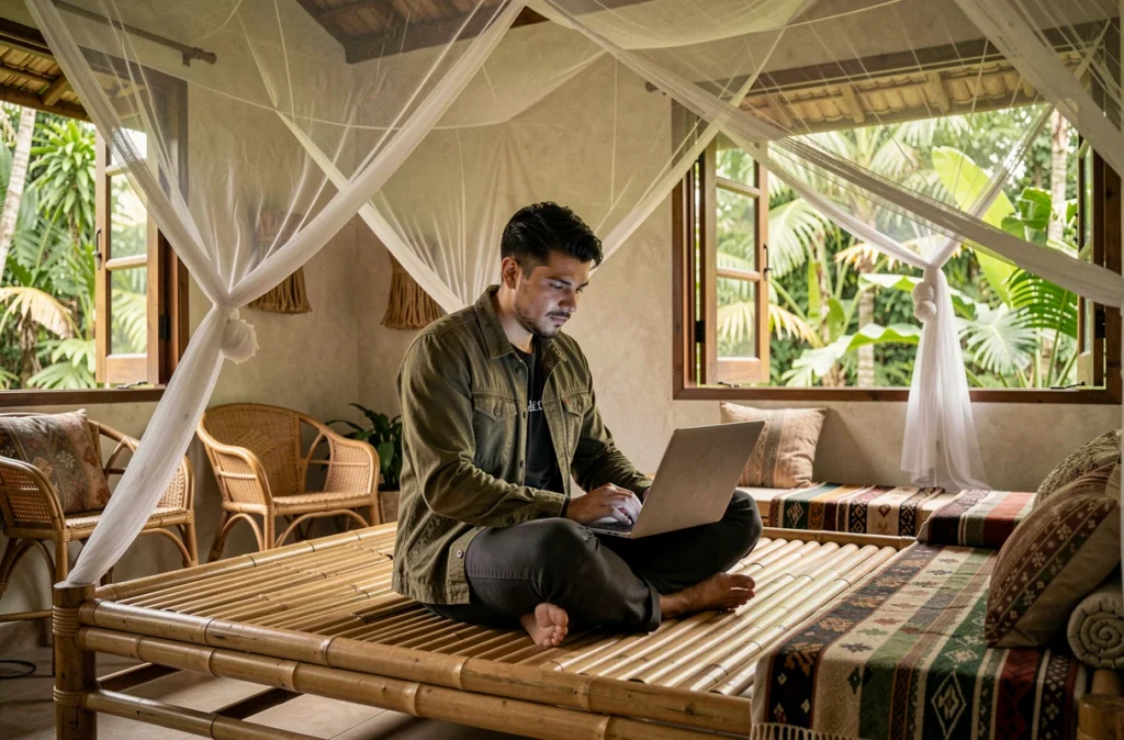 Voyageur recherchant un hébergement en ligne dans un bungalow de guesthouse en Asie du Sud-Est pendant un tour du monde