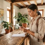 Voyageuse consultant une liste d'hébergements à la réception d'un hostel boutique lors d'un tour du monde