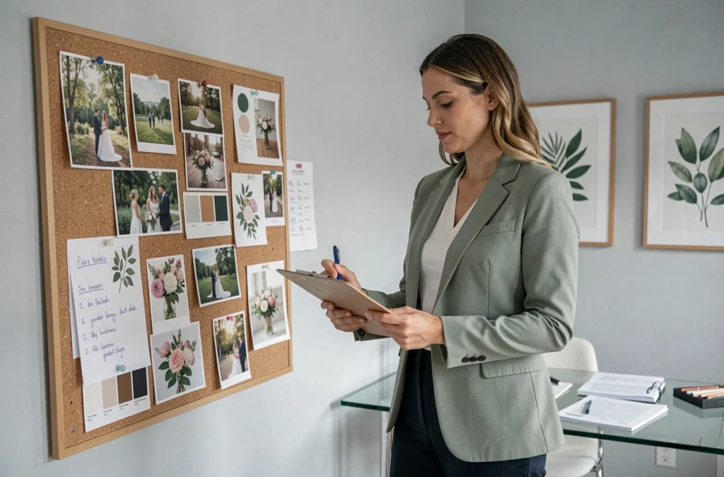 Wedding planner professionnelle devant un tableau d'inspiration pour un mariage, tenant un clipboard dans un studio élégant