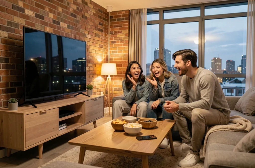Groupe d'amis réunis dans un salon moderne pour regarder une série TV ensemble dans une ambiance détendue et conviviale