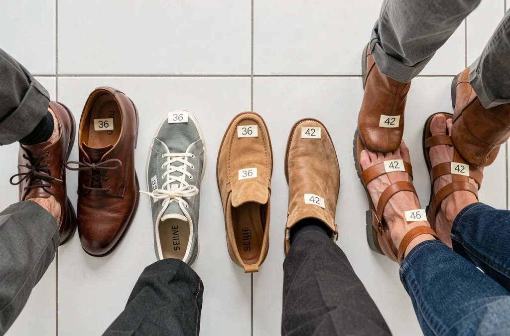 Comparaison de différentes pointures de chaussures adultes sur fond de carrelage blanc en France