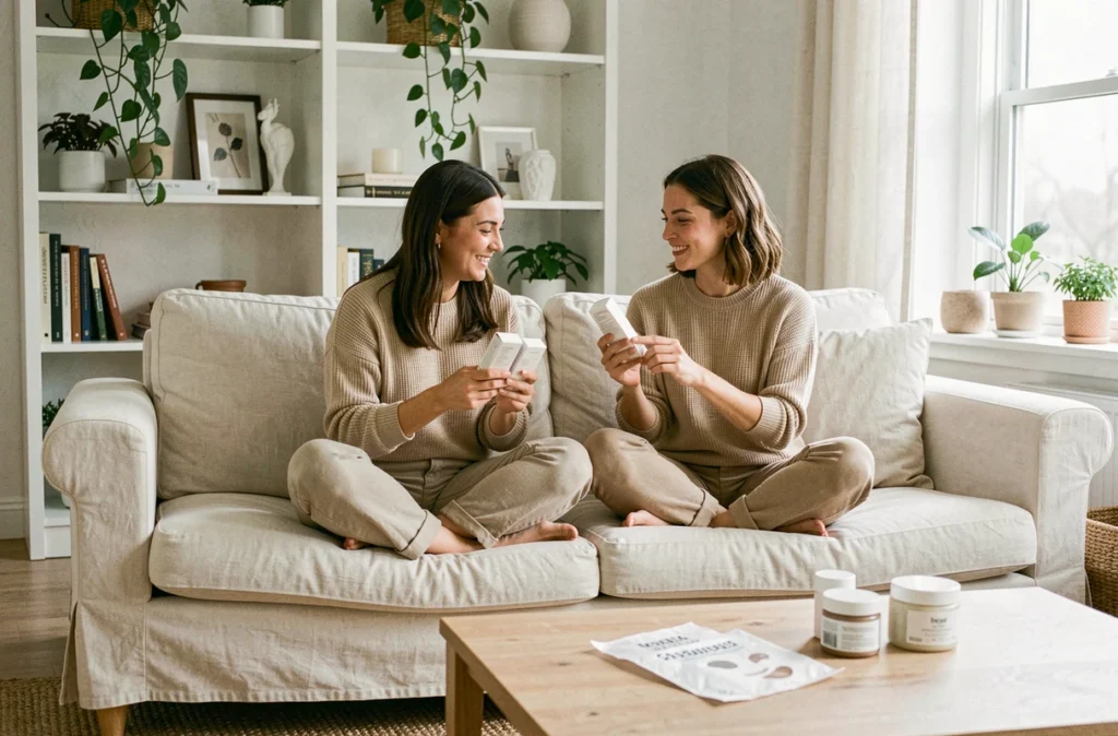 Deux femmes comparant des produits de soin sur un canapé, tendances beauté et skincare du quotidien