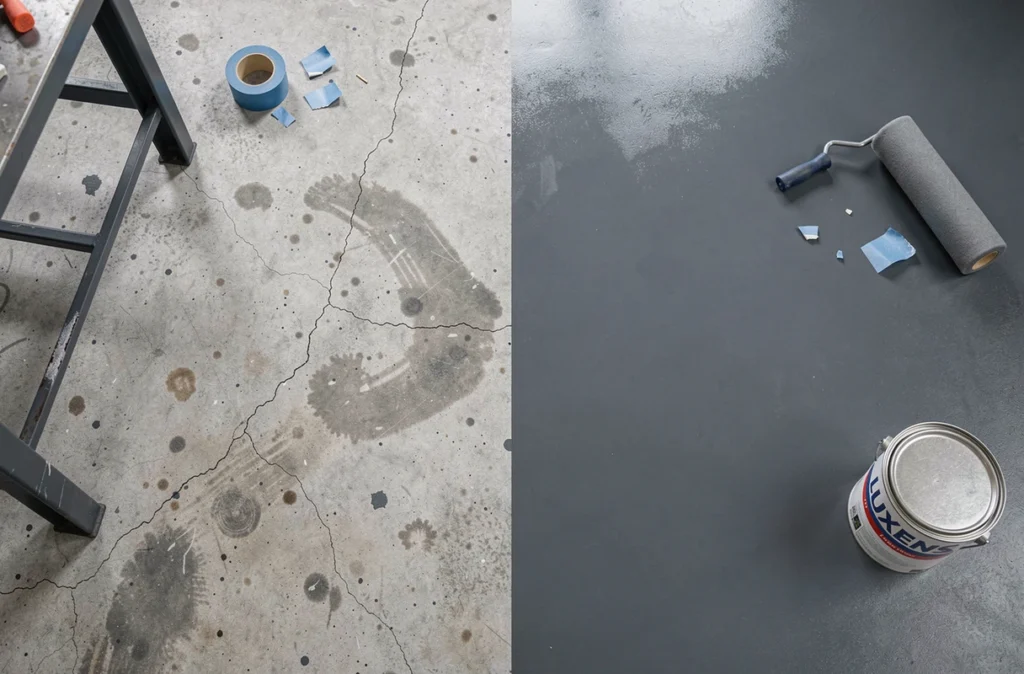 Vue aérienne comparant un sol béton brut et un sol peint avec la peinture sol Luxens anthracite dans un atelier