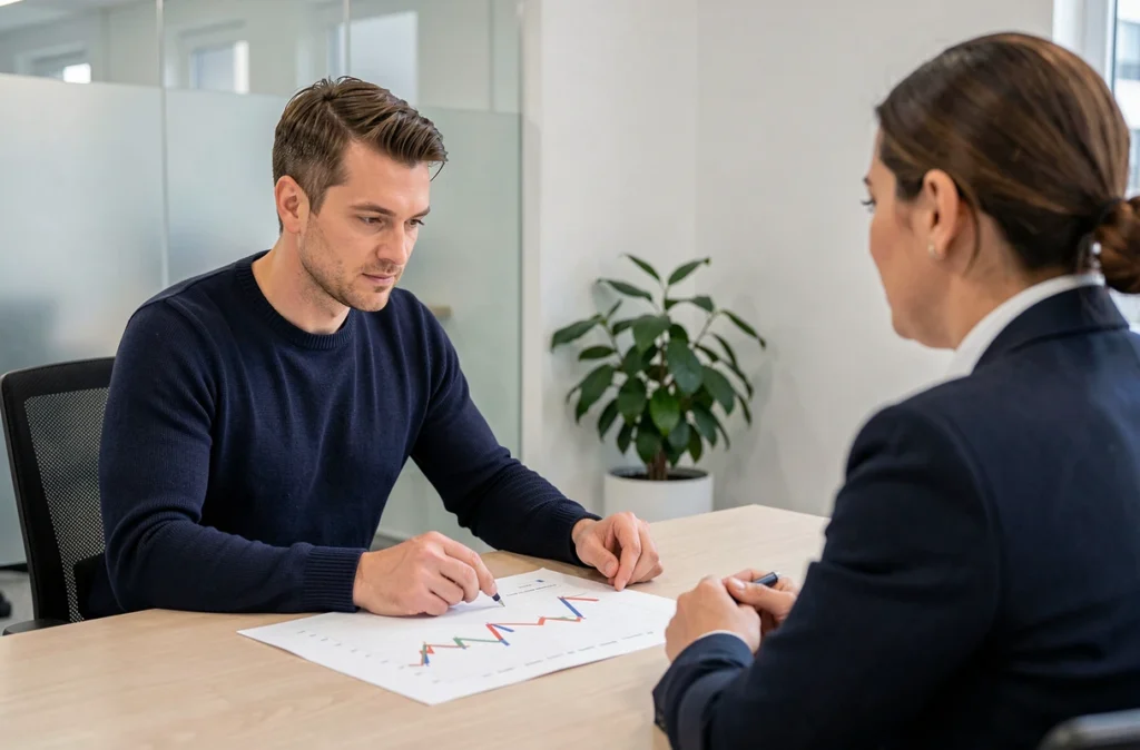 Homme discutant de son crédit avec un conseiller bancaire dans un bureau professionnel, symbolisant un accompagnement personnalisé pour choisir son prêt
