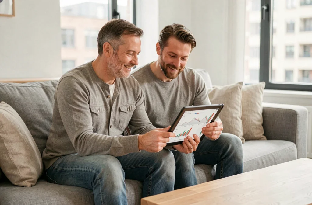 Couple comparant des offres de crédit sur une tablette dans leur salon, représentant une démarche commune et sereine pour bien choisir son emprunt