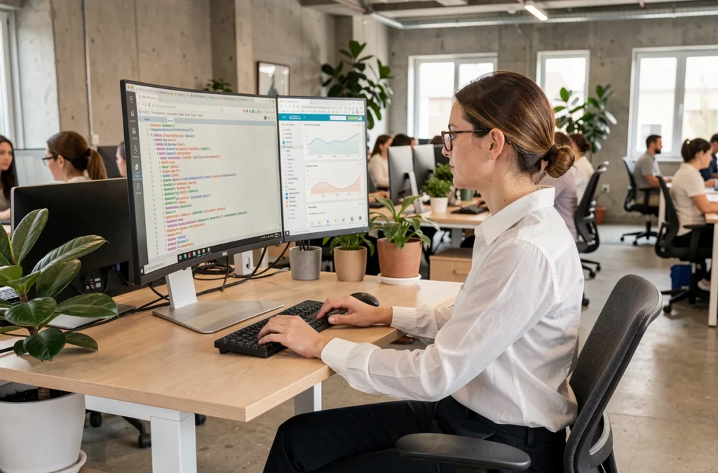 Développeuse web consultant un sitemap XML sur un écran d'ordinateur dans un bureau d'agence numérique