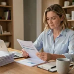 Femme en train d'analyser des documents de crédit à une table en bois dans une cuisine moderne, illustrant la gestion sereine d'un prêt personnel