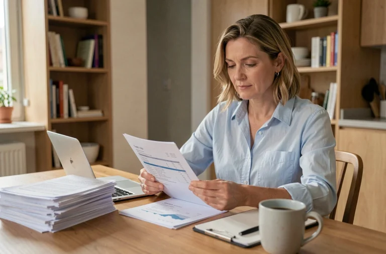 Femme en train d'analyser des documents de crédit à une table en bois dans une cuisine moderne, illustrant la gestion sereine d'un prêt personnel