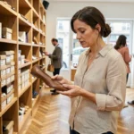 Femme dans une boutique de chaussures parisienne comparant des pointures de chaussures taille 38