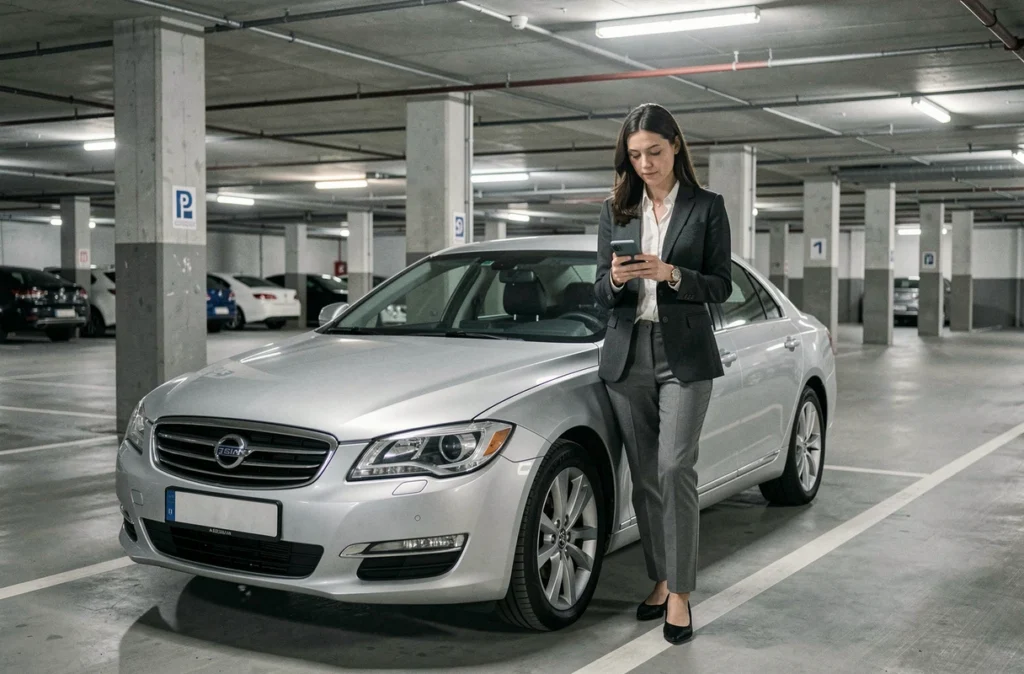 Femme cadre debout à côté d'une voiture de fonction dans un parking d'entreprise consultant son téléphone