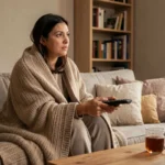Femme installée dans un canapé avec une télécommande regardant une série TV avec attention et curiosité