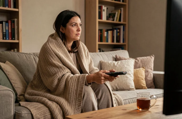 Femme installée dans un canapé avec une télécommande regardant une série TV avec attention et curiosité