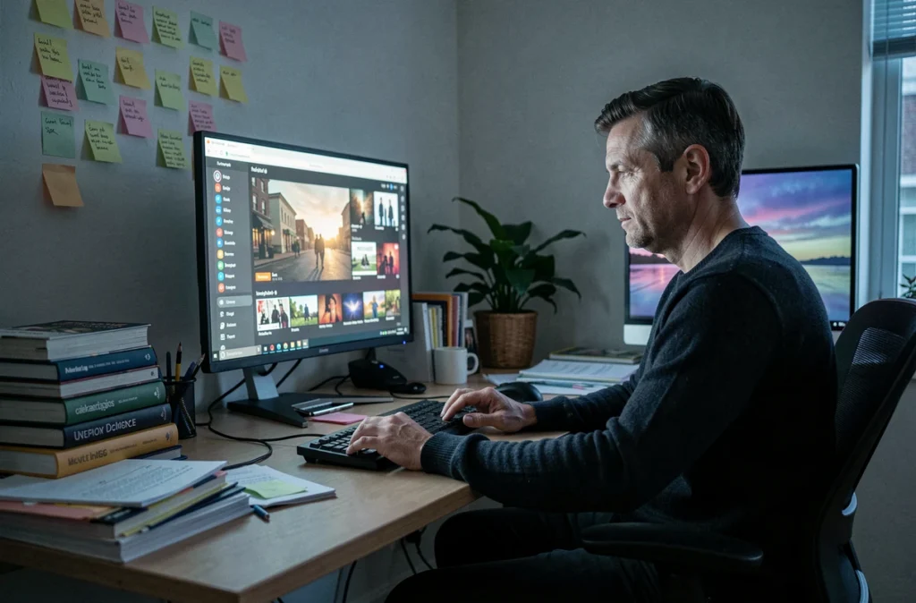 Homme consultant une plateforme de streaming sur ordinateur dans un bureau à domicile pour suivre les tendances des séries TV
