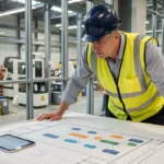 Ingénieur industriel analysant un sitemap de site web sur une tablette numérique dans une usine moderne