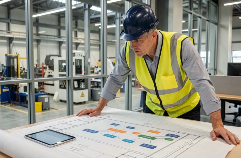 Ingénieur industriel analysant un sitemap de site web sur une tablette numérique dans une usine moderne