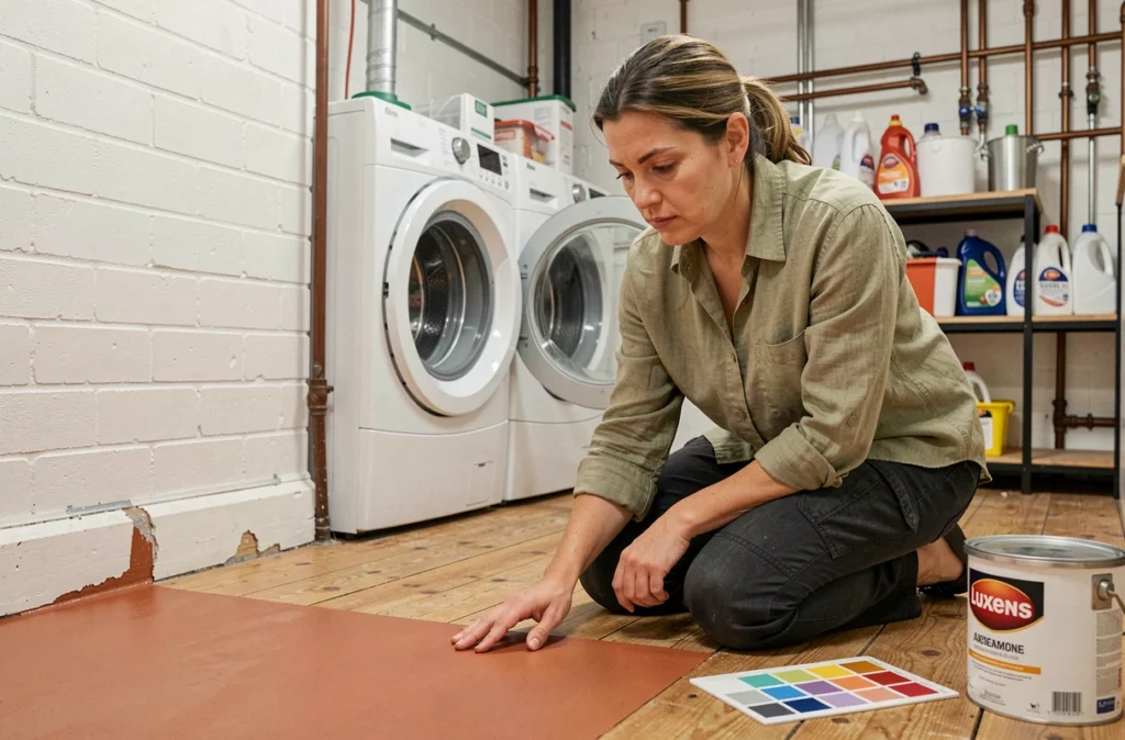 Femme inspectant un sol peint avec la peinture sol Luxens couleur terracotta dans une buanderie