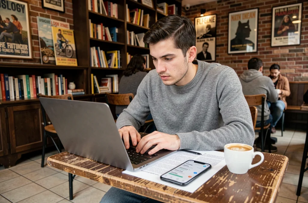 Journaliste indépendant travaillant sur un article numérique avec données de réseaux sociaux dans un café