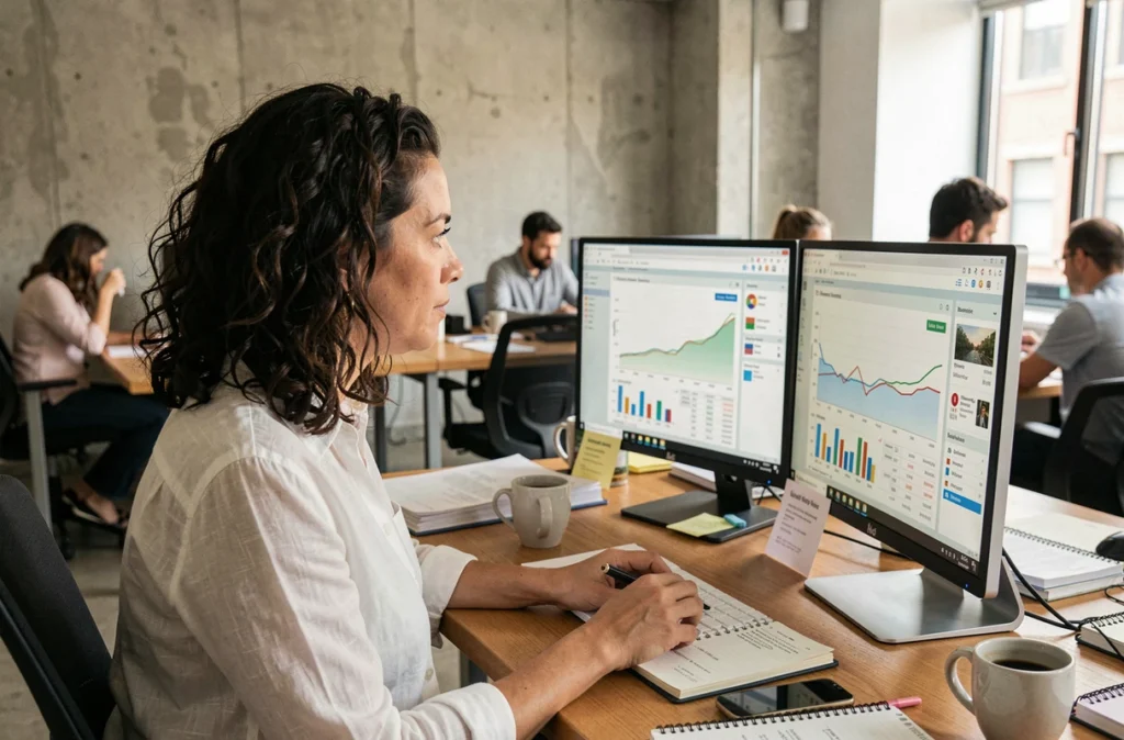 Journaliste numérique analysant des tableaux de bord d'analytics dans une salle de rédaction moderne