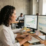 Journaliste numérique analysant des tableaux de bord d'analytics dans une salle de rédaction moderne