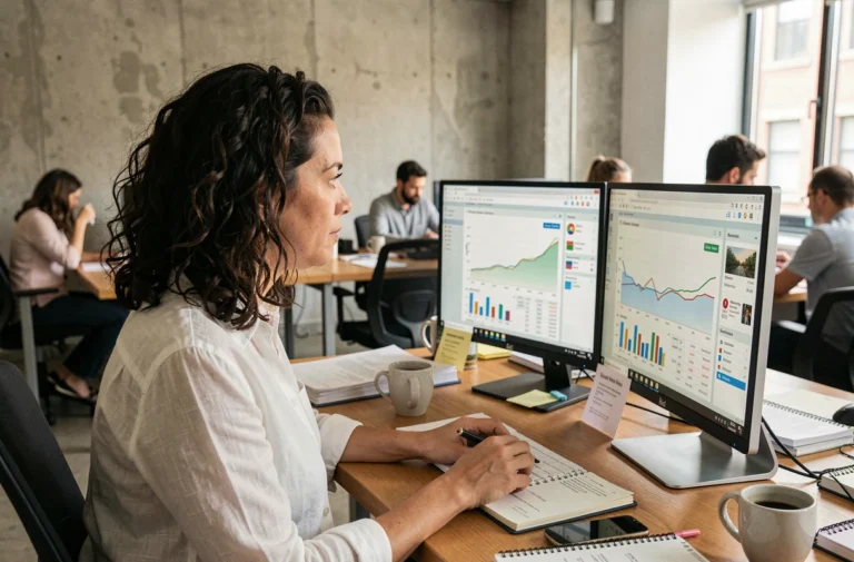 Journaliste numérique analysant des tableaux de bord d'analytics dans une salle de rédaction moderne