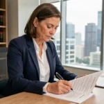 Juriste en entreprise annotant des documents légaux à son bureau dans un open space moderne