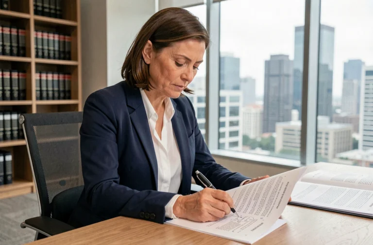 Juriste en entreprise annotant des documents légaux à son bureau dans un open space moderne