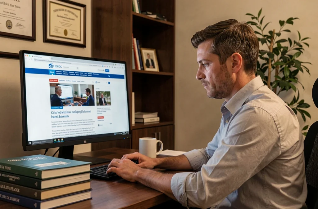 Responsable juridique consultant l'actualité juridique en ligne dans un bureau privé organisé
