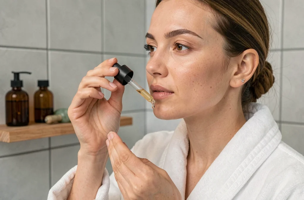 Femme appliquant un sérum visage dans une salle de bain minimaliste, routine beauté tendance