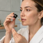 Femme appliquant un sérum visage dans une salle de bain minimaliste, routine beauté tendance