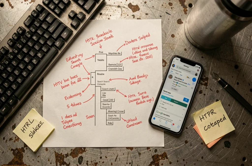 Vue aérienne d'un sitemap imprimé annoté sur un établi industriel avec outils numériques et notes de référencement