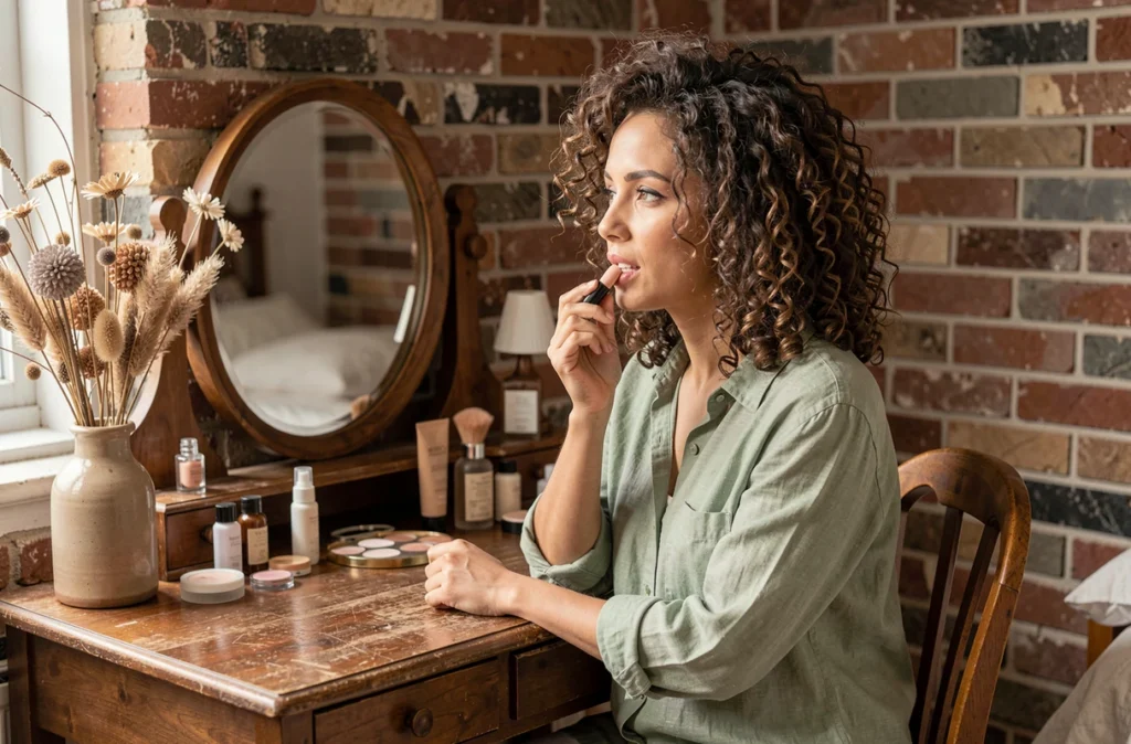 Jeune femme aux cheveux bouclés appliquant un baume à lèvres devant une coiffeuse en bois, tendances maquillage naturel