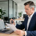 Cadre professionnel tenant des clés de voiture de fonction et consultant un contrat dans un bureau d'entreprise moderne