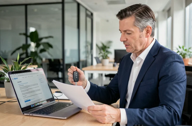 Cadre professionnel tenant des clés de voiture de fonction et consultant un contrat dans un bureau d'entreprise moderne